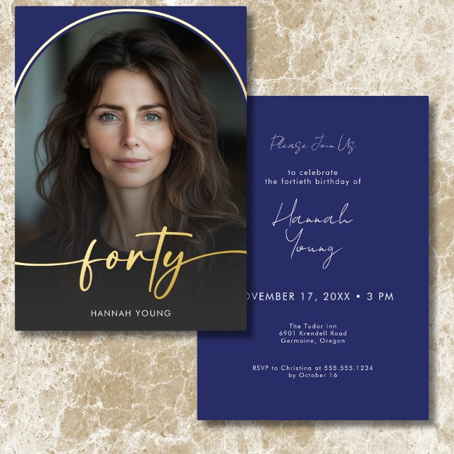 Invitation En Aluminium Arc bleu minimaliste moderne quarantième anniversa (Modern Minimal Blue Arch Fortieth Birthday Foil Invitation)