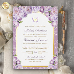 Invitation En Aluminium Arc Floral Violet Lavande Papillon Mariage Or