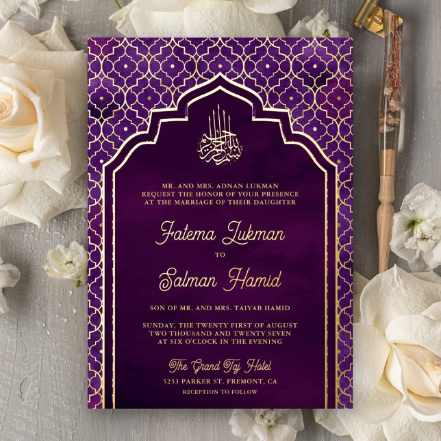Invitation En Aluminium Arc marocain violet foncé Mariage musulman or (Créateur téléchargé)
