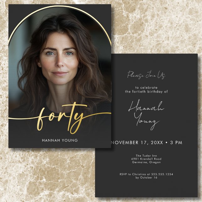 Invitation En Aluminium Arc noir minimaliste moderne quarantième anniversa (Modern Minimal Black Arch Fortieth Birthday Foil Invitation)