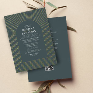Invitation En Aluminium Arche de mariage vert foncé Boho & Code QR RSVP