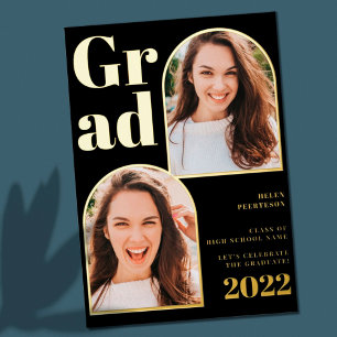 Invitation En Aluminium Arche en or noir moderne 3 photos graduation
