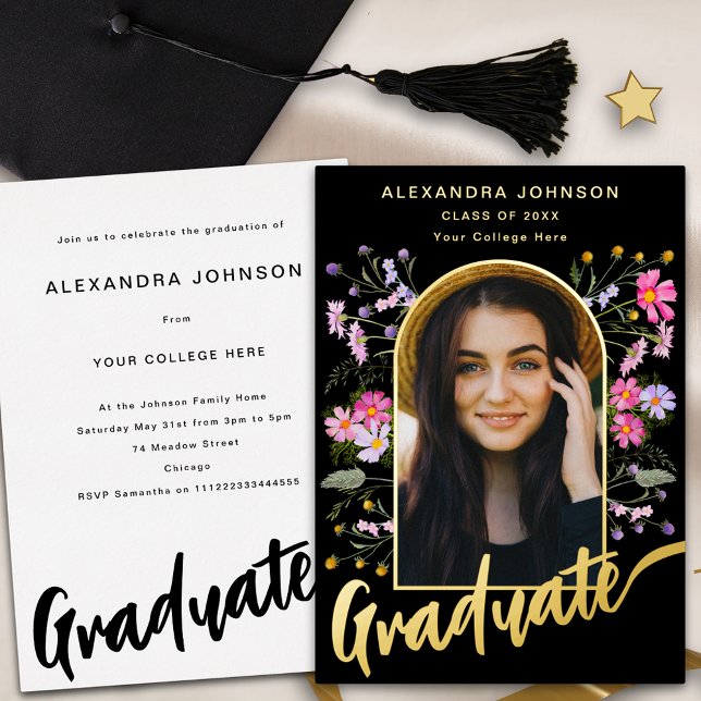 Invitation En Aluminium Arche florale Boho Script photo Grad Party Gold (Boho floral graduate photo arch pink black and gold foil script Graduation party invitation)