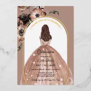 Invitation En Aluminium Arche florale rose et or Quinceañera réelle