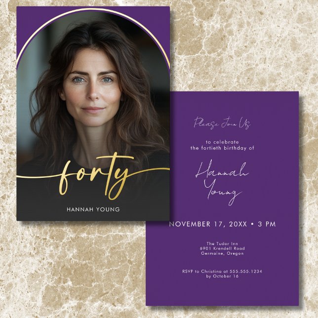 Invitation En Aluminium Arche minimaliste violette moderne quarantième ann (Modern Minimal Purple Arch Fortieth Birthday Foil Invitation)