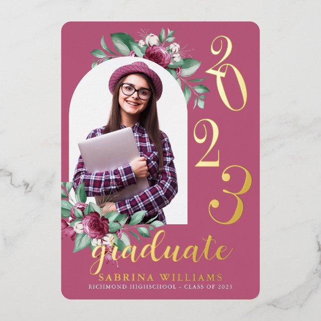 Invitation En Aluminium Arche moderne | Purple Floral Photo Graduation (Recto)