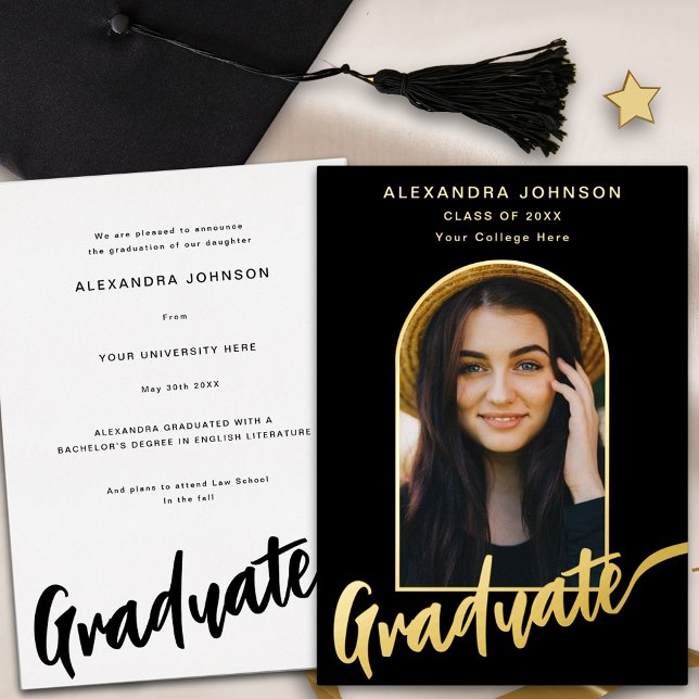 Invitation En Aluminium Arche photo de grade élégant Script Black Gold (Elegant arch graduate photo black and gold foil script Graduation announcement card)