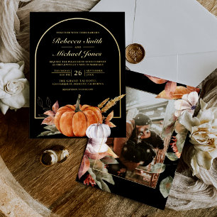 Invitation En Aluminium Arche Rustique Boho Citrouille Photo Mariage Noir