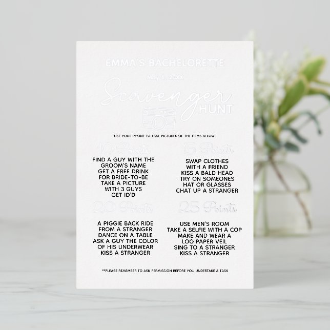 Invitation En Aluminium argent Bachelorette Party Scavenger Chasse Jeu Amu (Debout devant)