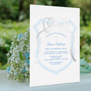 Invitation En Aluminium Argent Bow Clair Crest Baptême Bleu