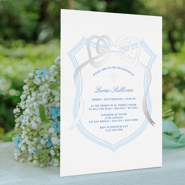 Invitation En Aluminium Argent Bow Clair Crest Baptême Bleu (Créateur téléchargé)