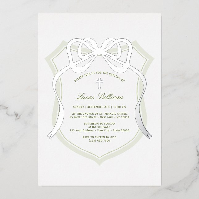 Invitation En Aluminium Argent Bow Sage Green Crest Baptême (Recto)