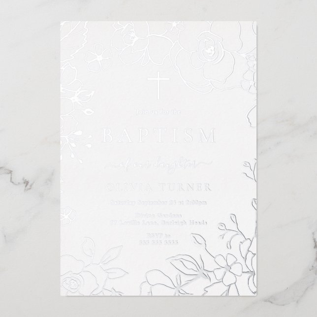 Invitation En Aluminium Argent Foil Floral Garçon Ou Fille Baptême Argent (Recto)