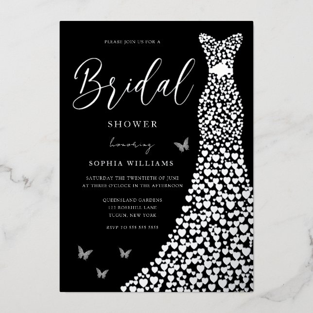 Invitation En Aluminium Argent Foil Heart Gown avec Fête des mariées noire (Recto)