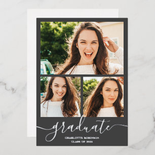 Invitation En Aluminium Argent Gray script 3 photos graduation
