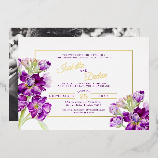 Invitation En Aluminium Armature or mariage couleur stock violet (Recto/Verso)