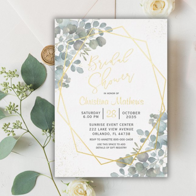 Invitation En Aluminium Arrosage de mariage calligraphié en or eucalyptus  (Créateur téléchargé)