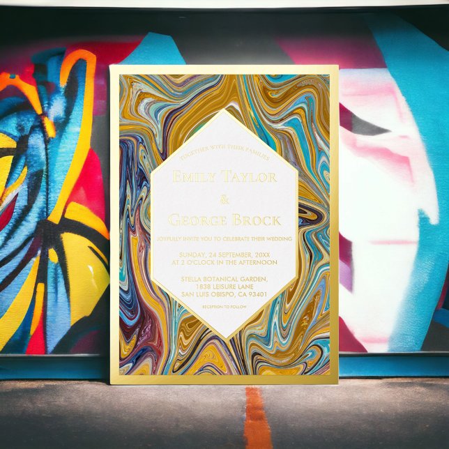 Invitation En Aluminium Art Abstrait moderne peinture Liquide Mariage Or (Créateur téléchargé)