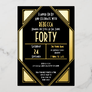 Invitation En Aluminium Art Déco 40e anniversaire Black Gold Real
