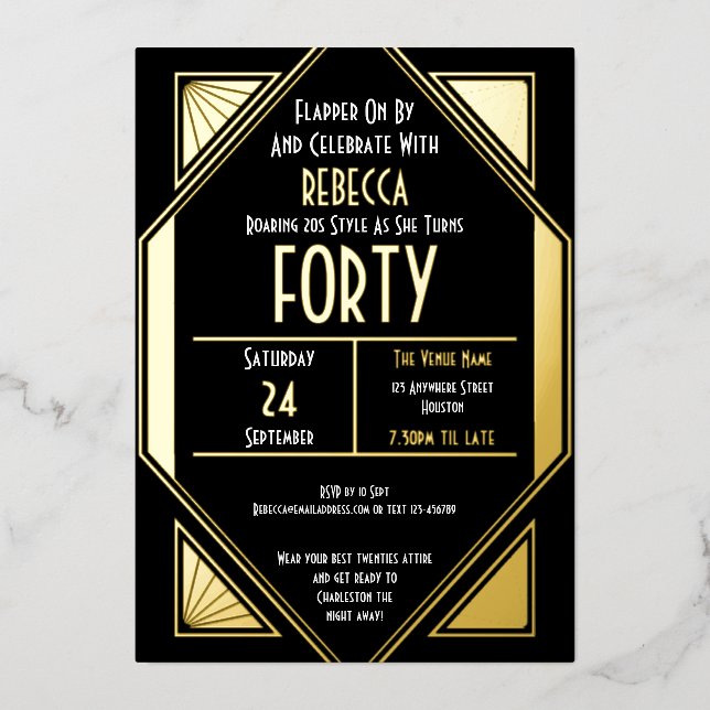 Invitation En Aluminium Art Déco 40e anniversaire Black Gold Real (Recto)