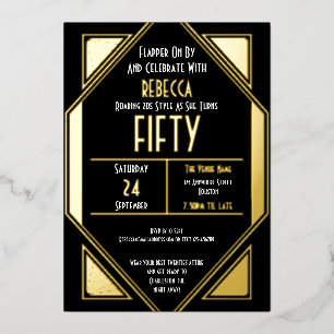 Invitation En Aluminium Art Déco 50e anniversaire noir or réel