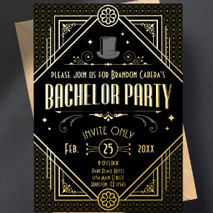 Invitation En Aluminium Art Déco Bachelor Noir et Or