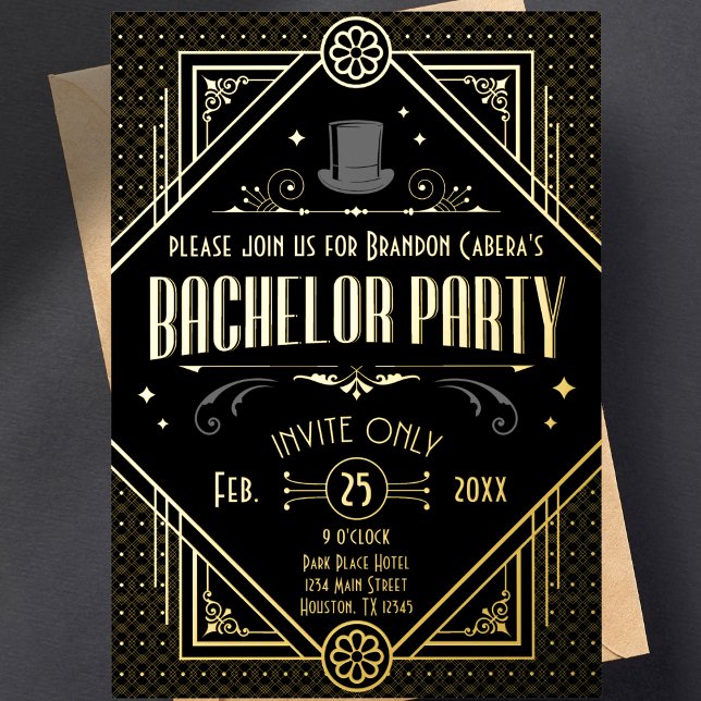 Invitation En Aluminium Art Déco Bachelor Noir et Or (bachelor party invitation Art Deco speakeasy 1920s theme gold and black groomsmen best man)