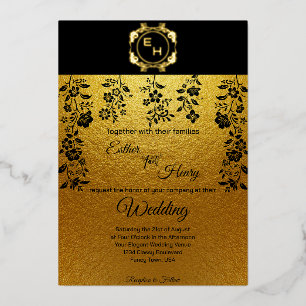 Invitation En Aluminium Art Déco Black Gold Foil Monogramme Classic Mariag