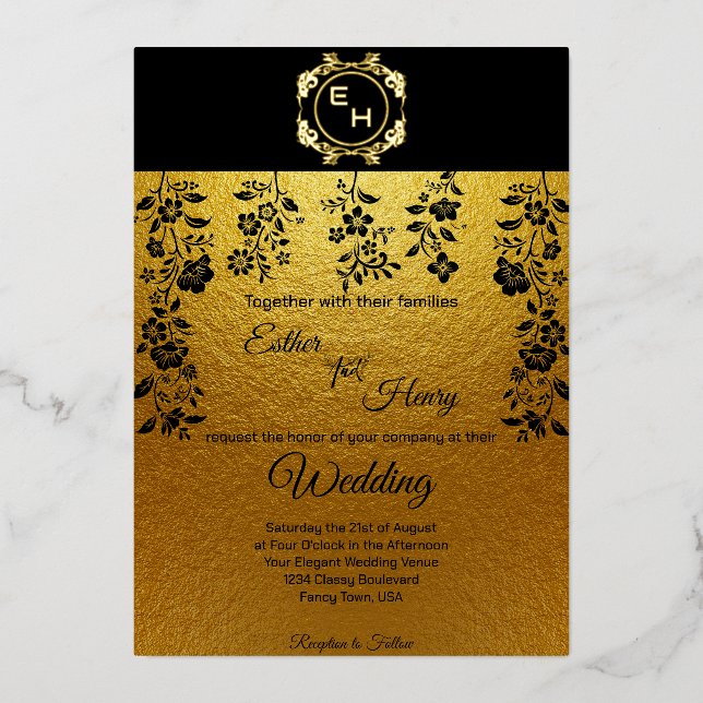 Invitation En Aluminium Art Déco Black Gold Foil Monogramme Classic Mariag (Recto)