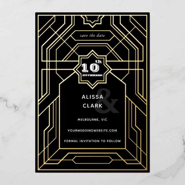 Invitation En Aluminium Art Déco Élégant Enregistrer La Date (Recto)