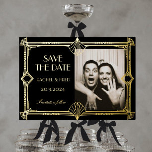 Invitation En Aluminium Art Déco Élégant Noir Or 20s save the date