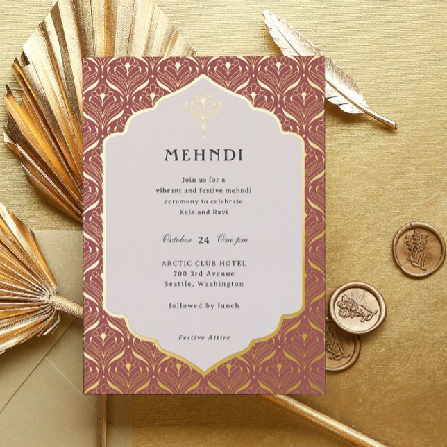 Invitation En Aluminium Art Déco Floral Lotus Mehndi Or (mehndi invitation, indian wedding invitation, mehendi invitation, hindu wedding invitation, art deco)