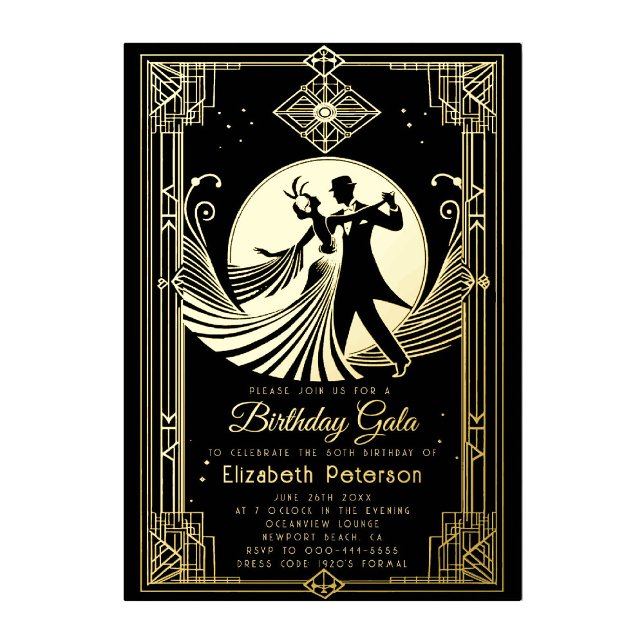 Invitation En Aluminium Art Déco Gatsby Roaring 20s Interdiction Anniversa (art deco invitation birthday event gala gatsby roaring 20s prohibition black gold elegant foil)