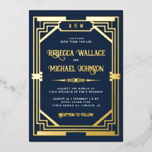 Invitation En Aluminium Art Déco géométrique vintage Mariage Marine Blue G