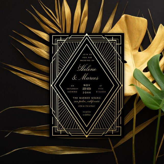 Invitation En Aluminium Art Déco Mariage Diamant Noir et Or (Créateur téléchargé)