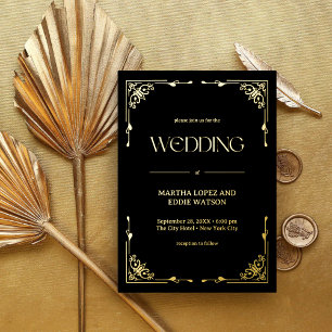 Invitation En Aluminium Art Déco Moderne   Élégant Mariage Noir et Or