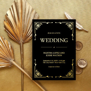 Invitation En Aluminium Art Déco Moderne   Élégant Mariage Noir et Or