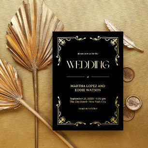 Invitation En Aluminium Art Déco Moderne   Élégant Mariage Noir et Or