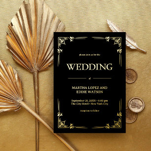 Invitation En Aluminium Art Déco Moderne   Élégant Mariage Noir et Or