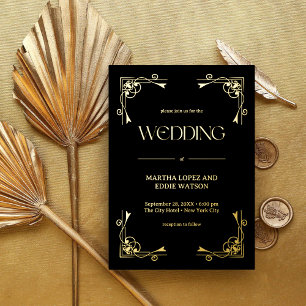 Invitation En Aluminium Art Déco Moderne   Élégant Mariage Noir et Or