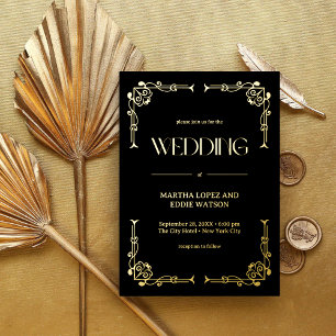Invitation En Aluminium Art Déco Moderne   Élégant Mariage Noir et Or