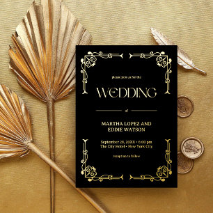 Invitation En Aluminium Art Déco Moderne   Élégant Mariage Noir et Or
