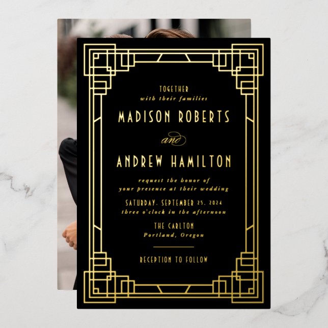 Invitation En Aluminium Art déco moderne Mariage noir et or (Recto/Verso)