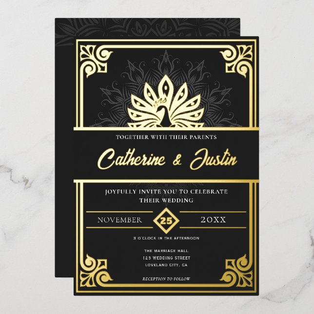 Invitation En Aluminium Art déco moderne Peacock Mariage Gold (Recto/Verso)