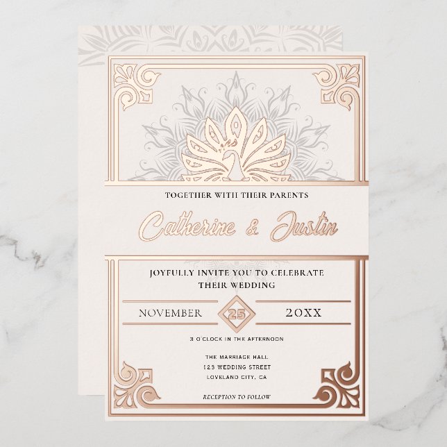 Invitation En Aluminium Art Déco moderne Peacock Mariage Rose or (Recto/Verso)