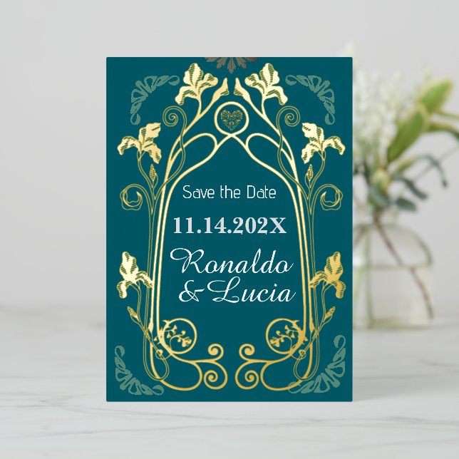 Invitation En Aluminium Art Nouveau Gold Green Botanical Enregistrer la da (Debout devant)