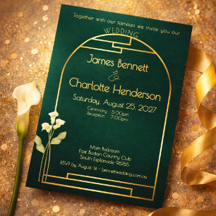 Invitation En Aluminium Art Nouveau minimaliste Arche en or Lys Vert Maria