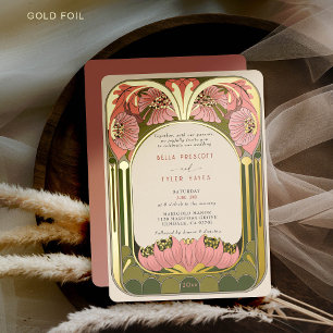 Invitation En Aluminium Art Nouveau Vintage Floral rose Vert or Mariage
