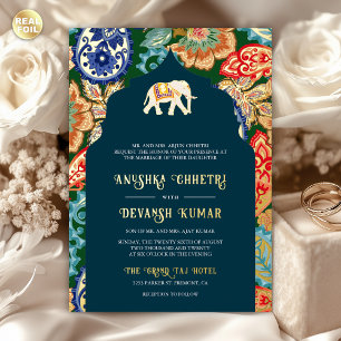 Invitation En Aluminium Art populaire indien vibrant Eléphant Mariage or