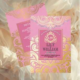 Invitation En Aluminium Artdeco rose Elégant Diamond Monogramme Mariage Or